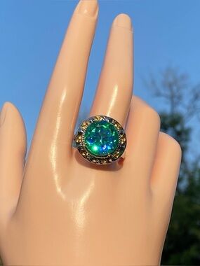 EverTrue Peacock Quartz Royal Crest Two-Tone Statement Ring Size 10 NWT